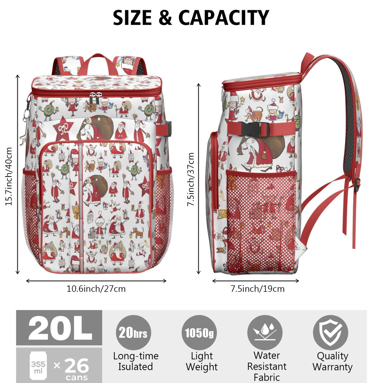 Travel Cooler Bag - White Christmas Santa and Character Pattern Camping Beer Cooler Backpack with Bottle Opener- Waterproof Insulated Picnic Backpacks - Cooler Bag for Beach