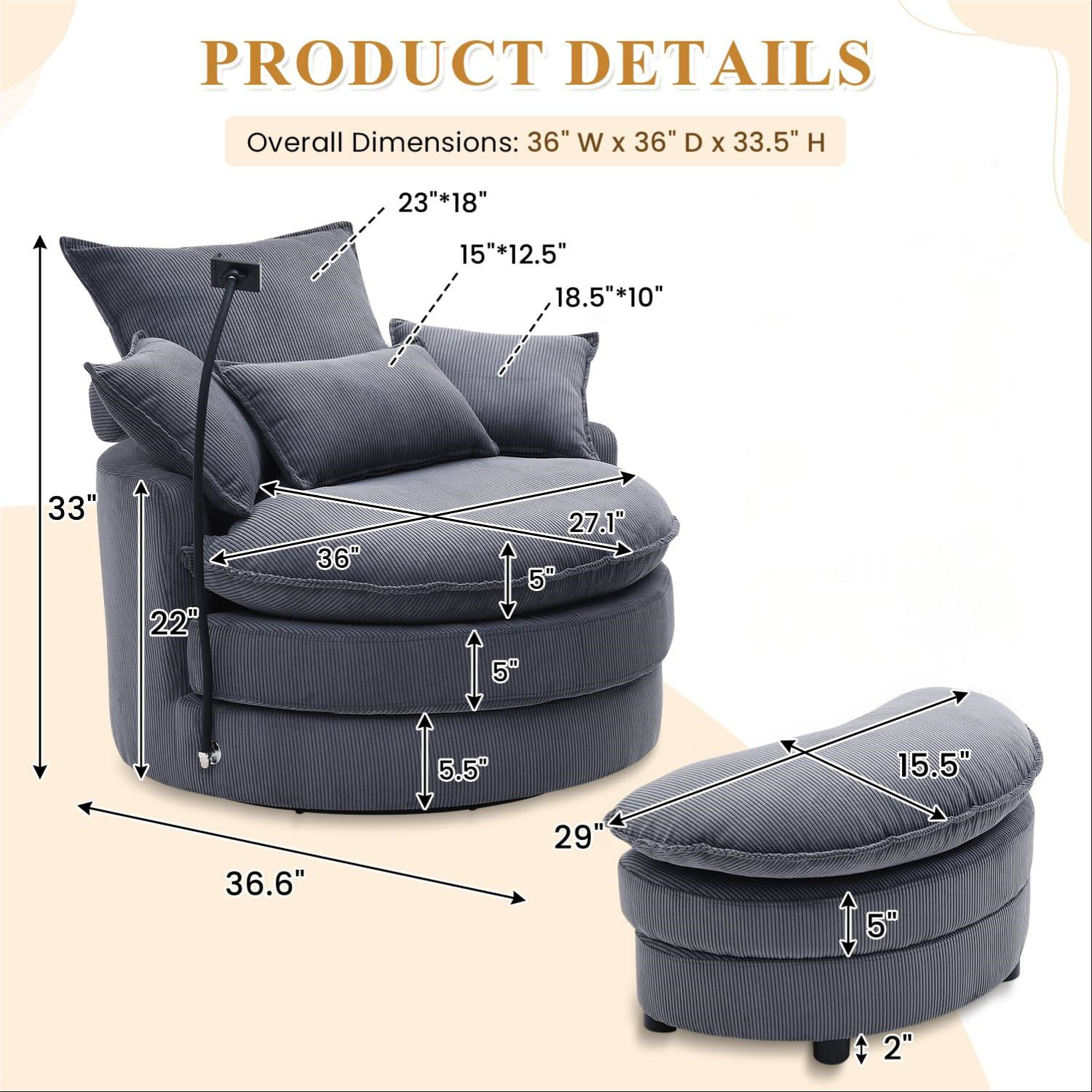 Aukfa Swivel Accent Chair 36" Oversized Barrel Chair with Storage Ottoman & Phone Holder for Living Room, 4 Pillows, Gray