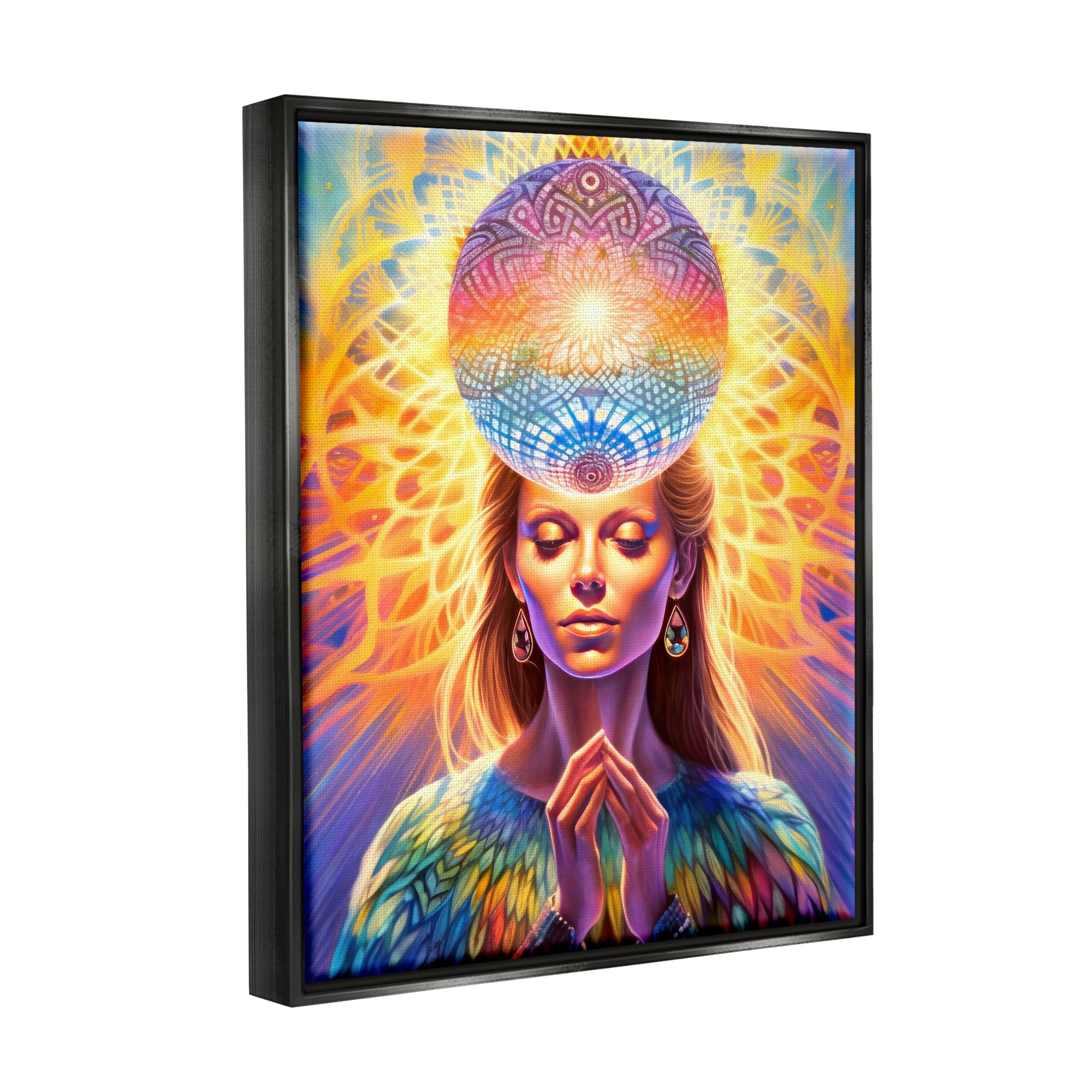 Stupell Industries Chakra Woman Fractals Abstract Painting Black Floater Framed Canvas Art Print Wall Art, 25 x 31