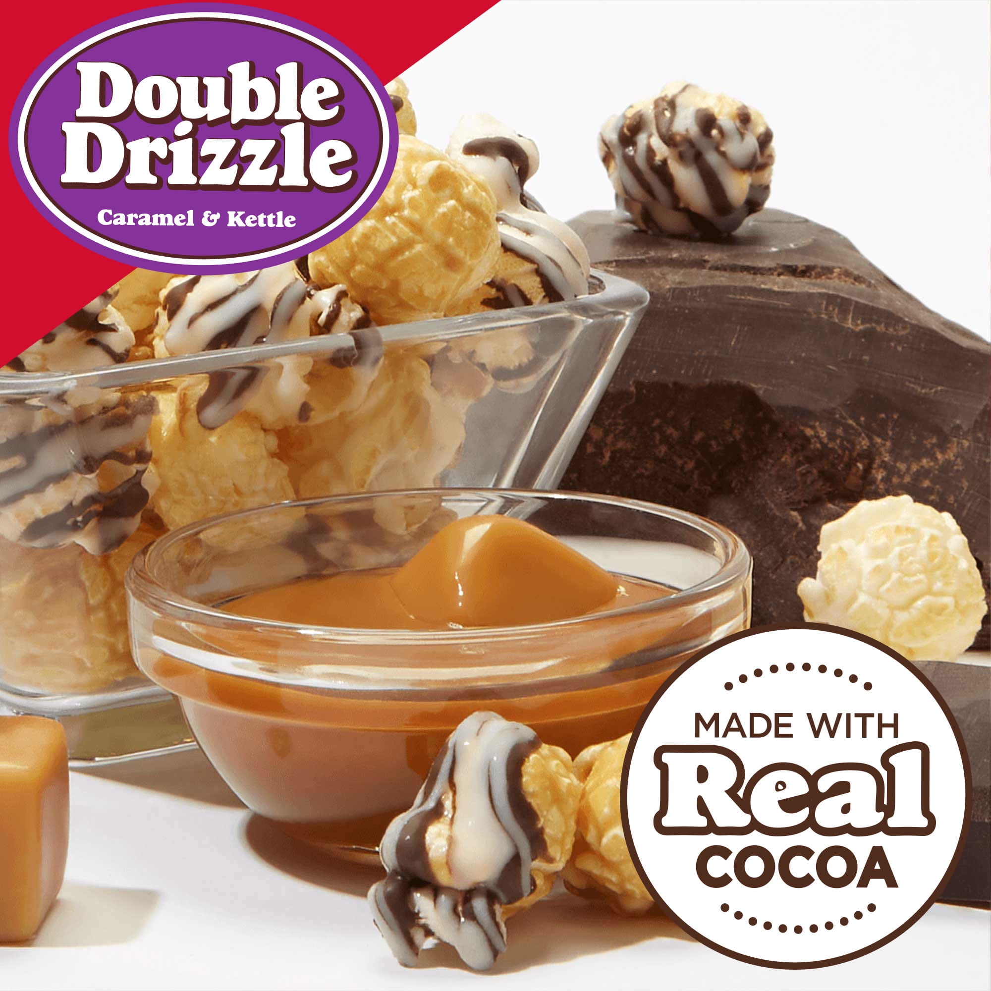 (2 pack) Popcornopolis Double Drizzle 7.5 oz Bag, Caramel and Kettle with Chocolatey Stripes Popcorn