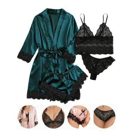 Luxtrada Women s Satin Pajama Set 4pcs Floral Lace Trim Cami Lingerie Sleepwear with Robe (Green XL)