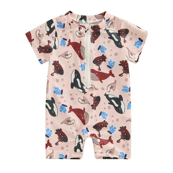Bagilaanoe Toddler Baby Boys One-Piece Swimsuit Print Short Sleeve Zipper Rashguard Swimwear 3M 6M 12M 2T 3T 4T Kids Jumpsuit Bathing Suit