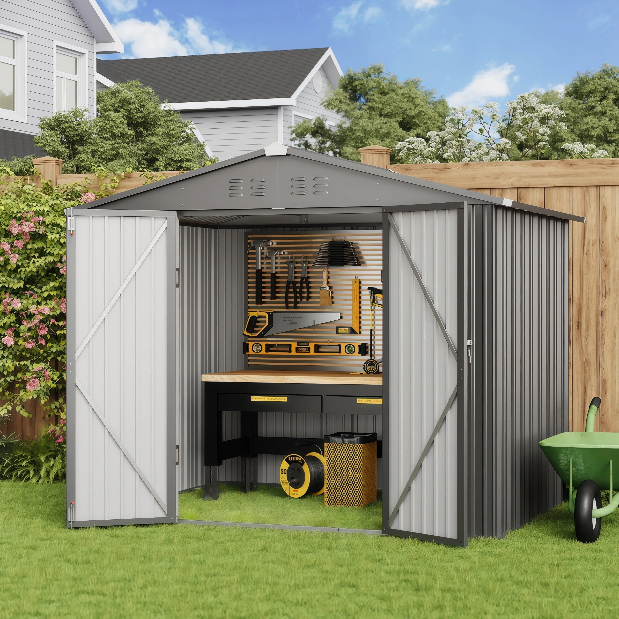 Asofer 8'x6' Metal Outdoor Storage Shed, Galvanized Steel Tool Shed with Lockable Double Doors for Patio & Backyard, Drak Gray