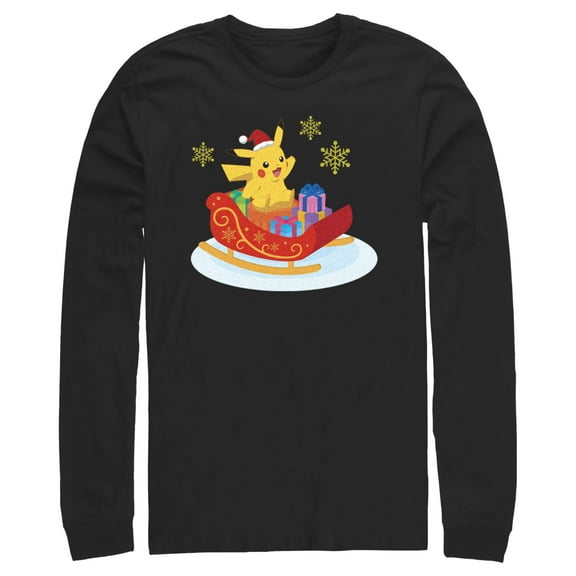 Men's Pokemon Christmas Pikachu Sleigh Long Sleeve Shirt Black 2X Large