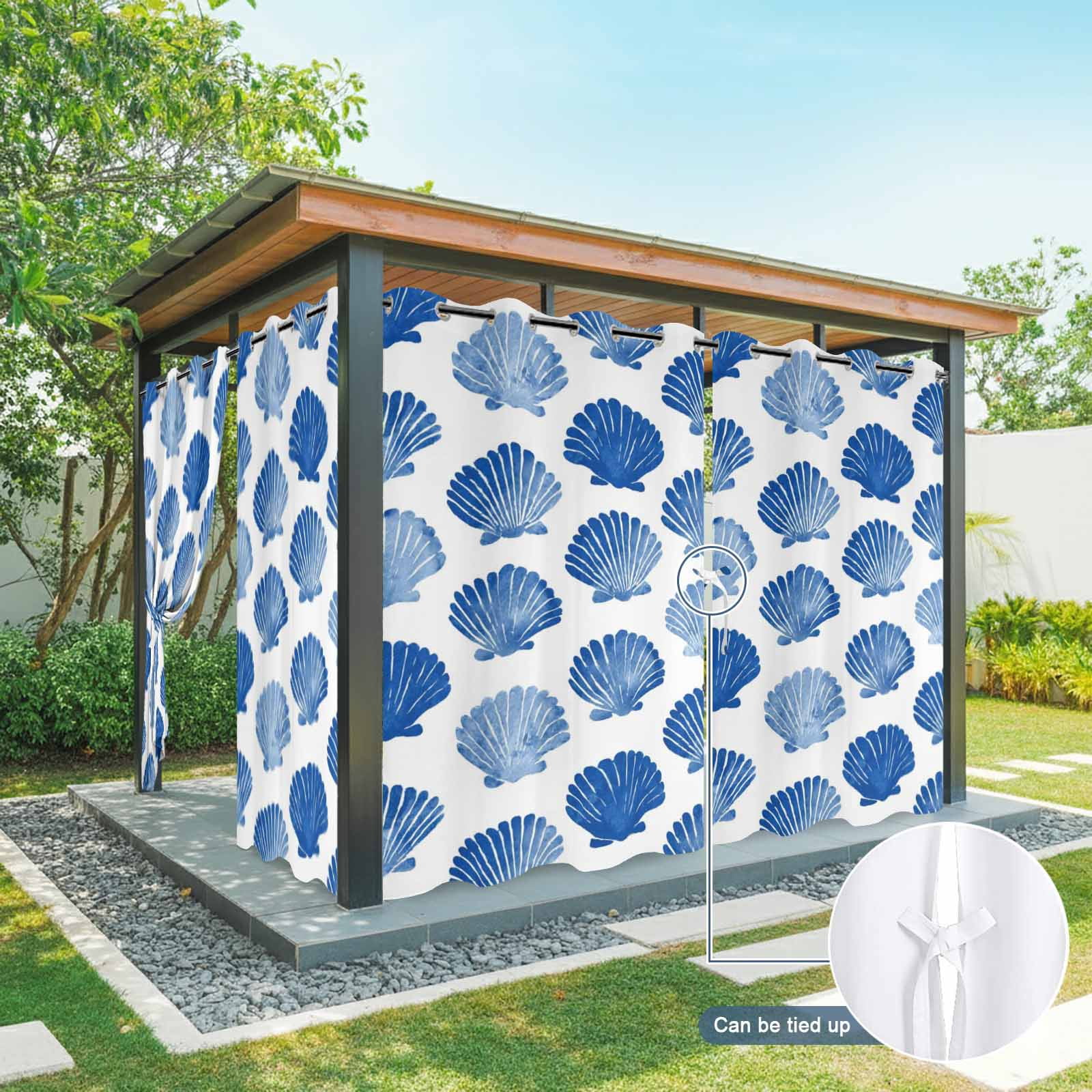 Blue Scallops Shell Outdoor Curtains for Patio, Sea Ocean Coastal Nature Summer Sunshade Privacy Drapes Grommet Waterproof Outside Curtains for Porch/Cabana/Balcony 54"x 108", 1 Panel