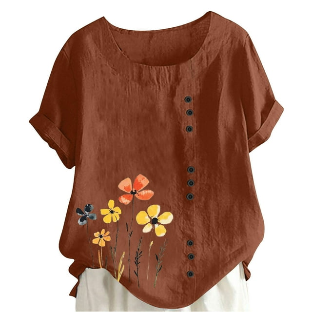 Pisexur Hauts d'Été pour Femmes, Hauts pour Femmes, Hauts de Sortie pour Femmes, Hauts pour Dames, T-Shirt à Boutons Imprimé Mode Décontractée Col Rond d'Été pour Femmes Marron,m