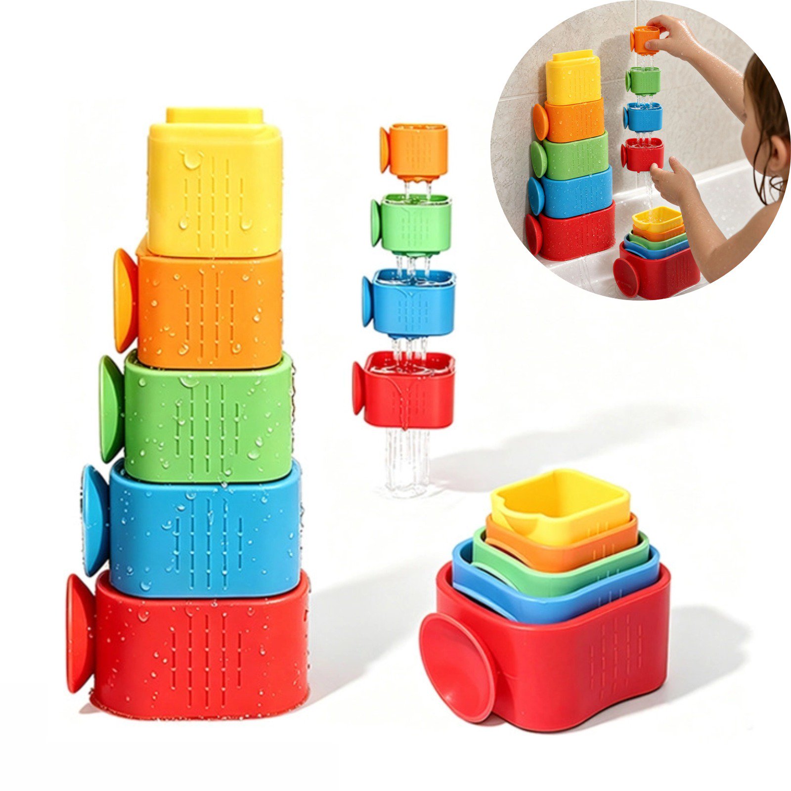 5PCS Suction Cup Bath Toys for Toddlers 5PCS Waterfall Stacking Cups Bathtub Toys for Babies Infants Essential Bathtime Silicone Water Toys Sensory Stocking Stuffers for Boys Girls 1 2 3 4 Years,A