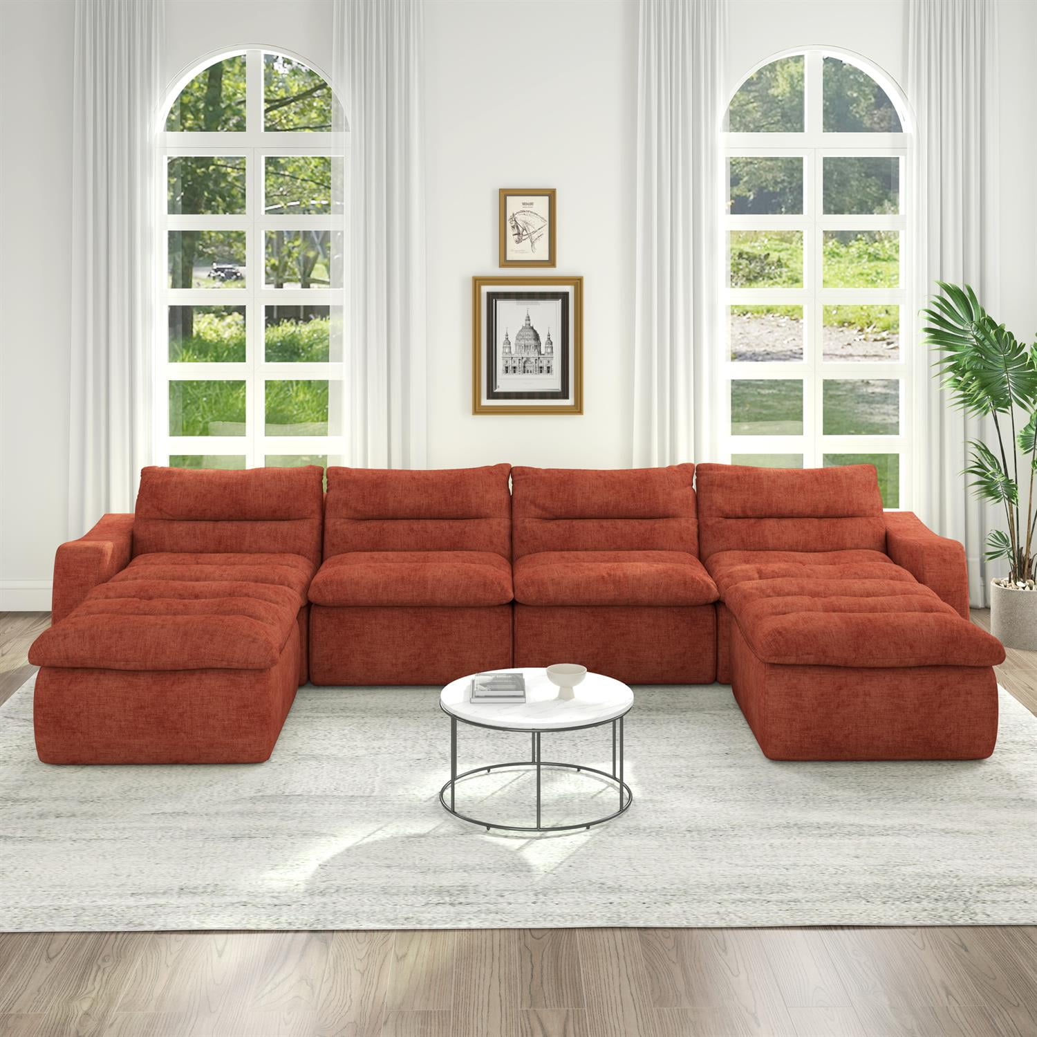 Demi Bonn 150" Modern L-Shaped Modular Sofa, Comfortable Beanbag Style, Stylish Lazy Couch for Living Rooms and Relaxation, Orange