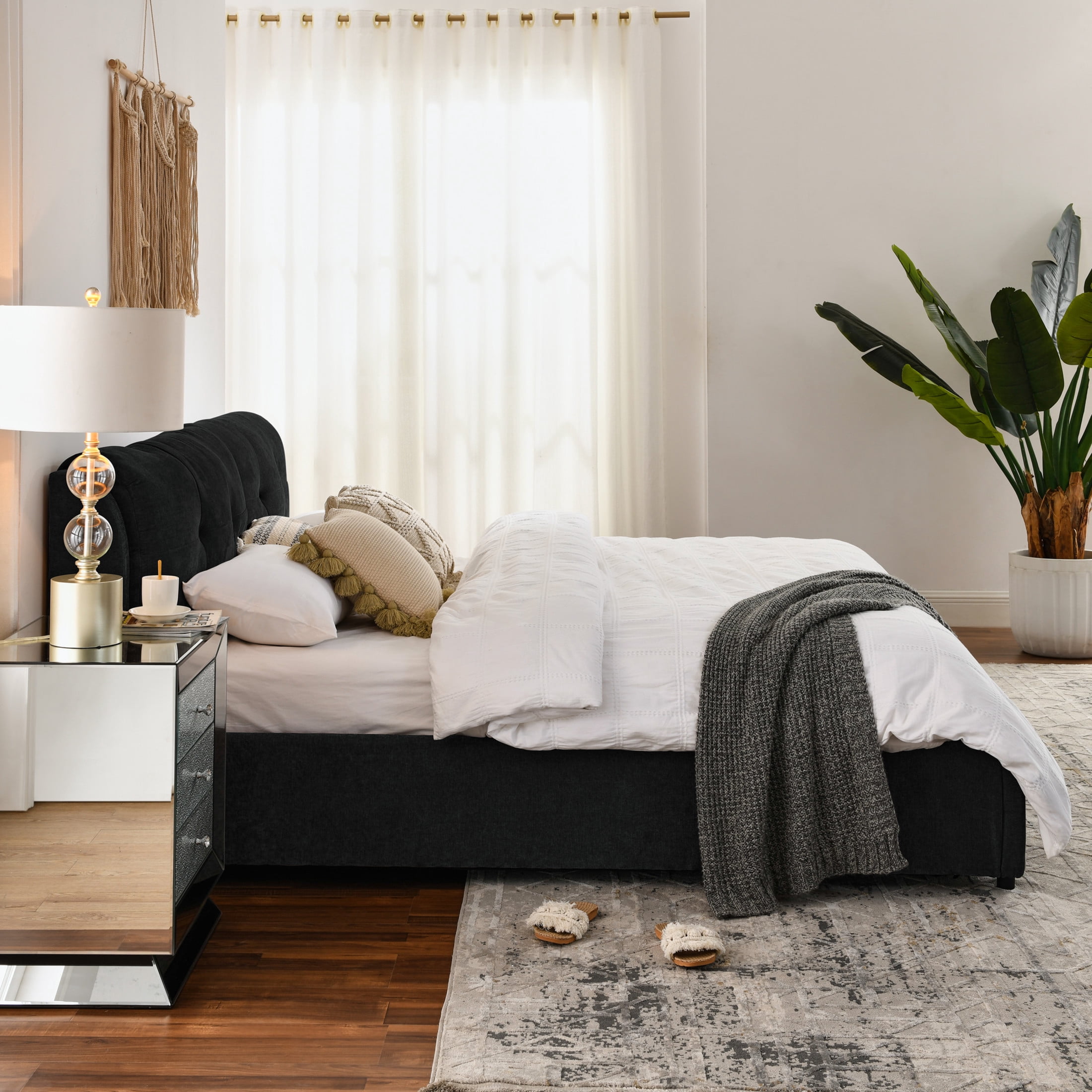 Noble House Gerret King Size Chenille Storage Platform Bed, Hydraulic Bed Frame with Hidden Underbed Drawer, Black