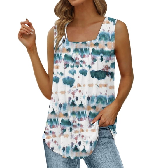 Pimfylm Summer Tank Tops for Women Loose Fit Pleated Tunics Scoop Neck Sleeveless Tops Curved Hem Flowy(Dark Blue,S)