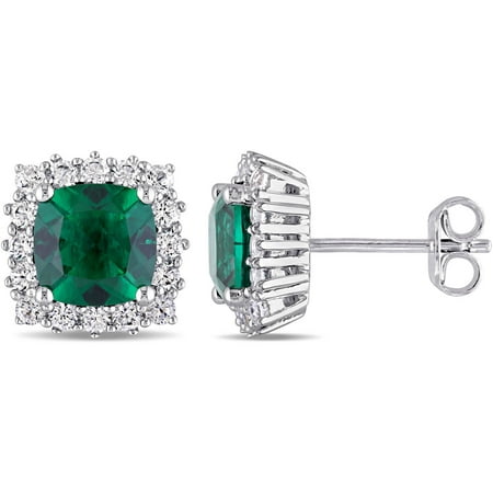 Tangelo 4-1/3 Carat T.G.W. Created Emerald and Created White Sapphire Sterling Silver Halo Earrings