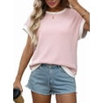 thumbnail image 3 of Women Summer Cap Sleeve Knit Tops Casual Crew Neck Color Block Trendy Tank Top Pink M, 3 of 9