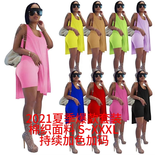Traje corto de color sólido con abertura media y cuello en U Eccomum Azul XXL