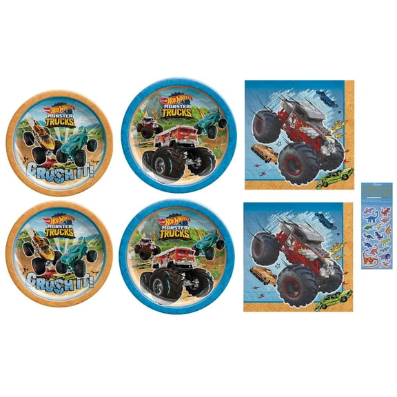 Monster Trucks Birthday Party Supplies Bundle includes 16 Plates 7", 16 Plates 9", 32 Lunch Napkins 6.5", 1 Dinosaur Sticker Sheet