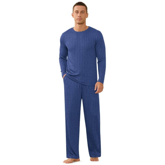 Iceglad Men's Pajama Set Soft Ribbed Knit Long Sleeve Top and Pants Mens Loungewear 2 Piece Sleep Set