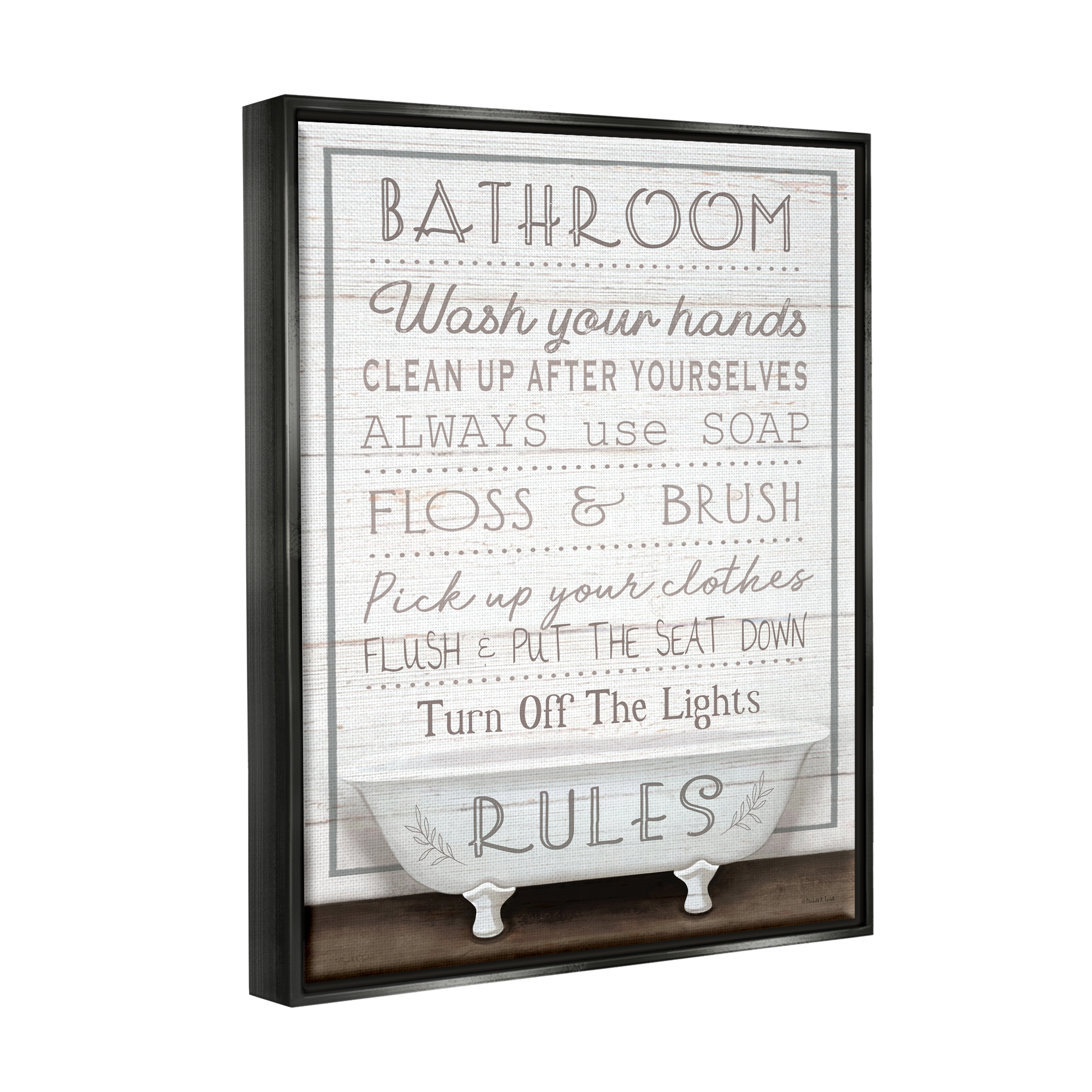 Stupell Industries Rustic Bathroom Rules Tub Typography Painting Black Floater Framed Canvas Art Print Wall Art, 25 x 31