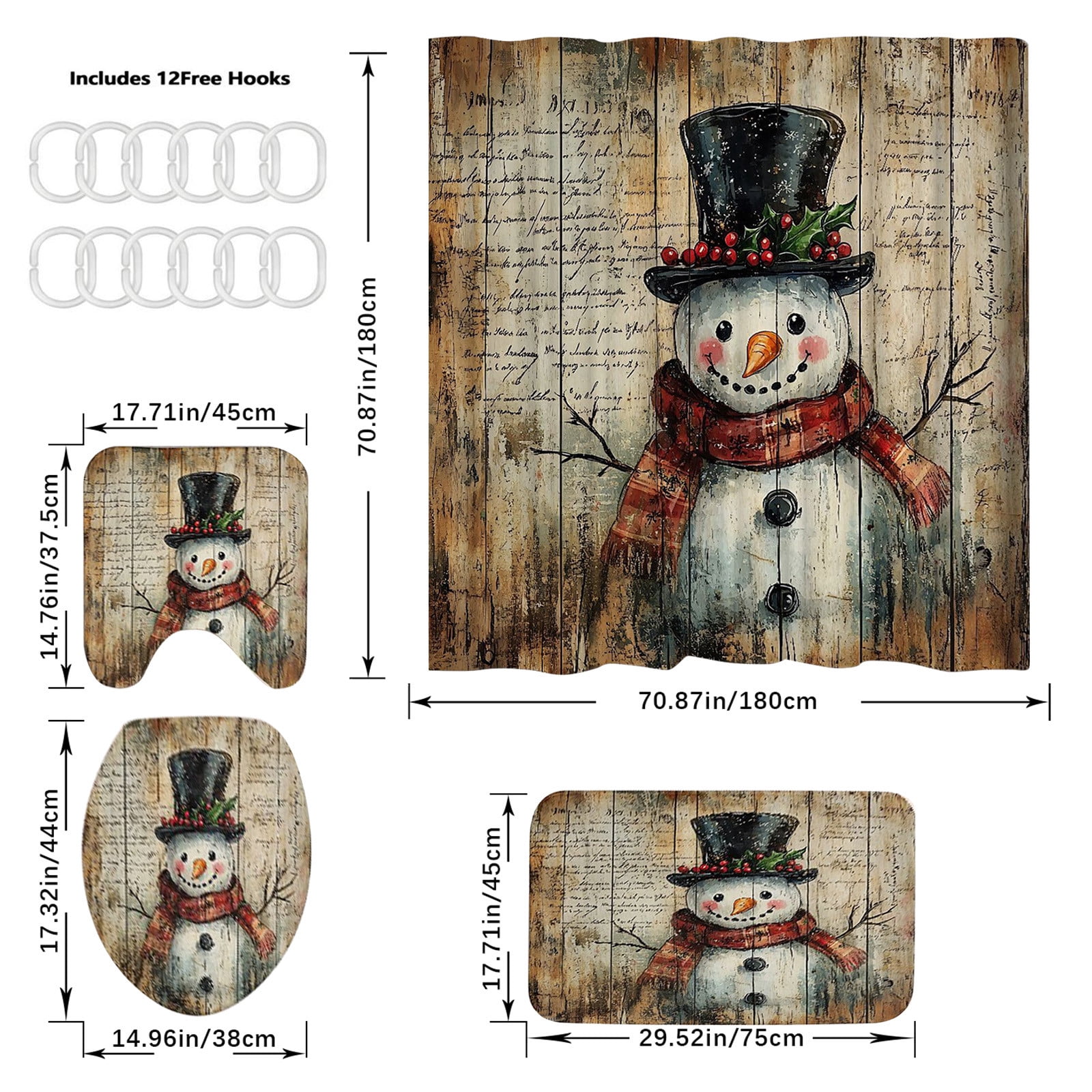 Costeam Christmas Shower Curtain Set with Santa Pattern, Waterproof Bathroom Decor with Holiday Theme for Xmas Party Background Decoration