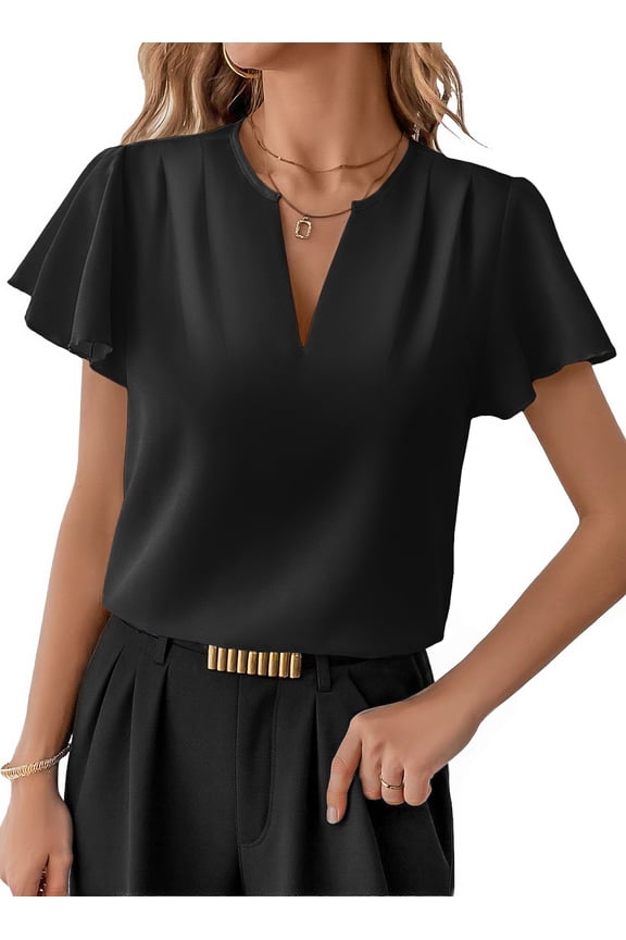 Womens Dressy Tops Summer V Neck Flowy Short Sleeve Blouses Business Casual Office Work Vacation Clothes