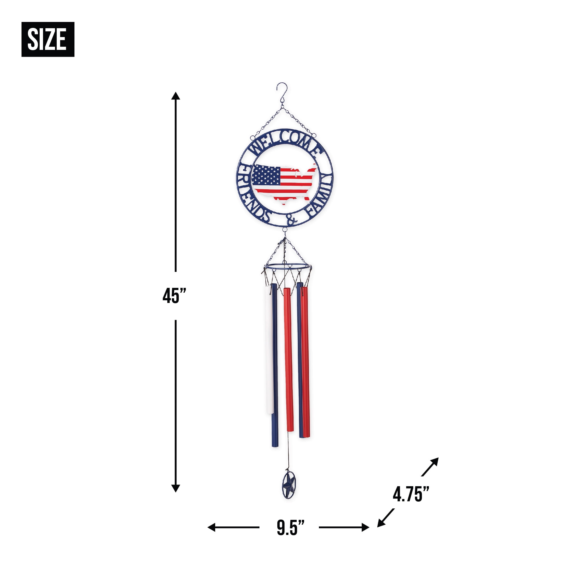 Zingz Home Iron Weathervane Wind Chime - 45x9.5x4.75 - Patriotic Welcome