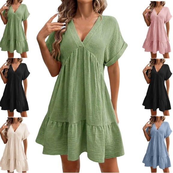LEKWK Linen Summer Dresses for Women Short Sleeve V Neck Tunic Dress Loose Fit Ruffle Mini Dress Casual Tiered Flowy Dress Beach Vacation Babydolled outfits