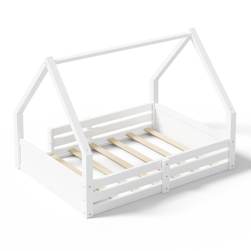 Euroco Wood Full Size Platform Bed, Low Profile House Floor Bed with Guardrails, White