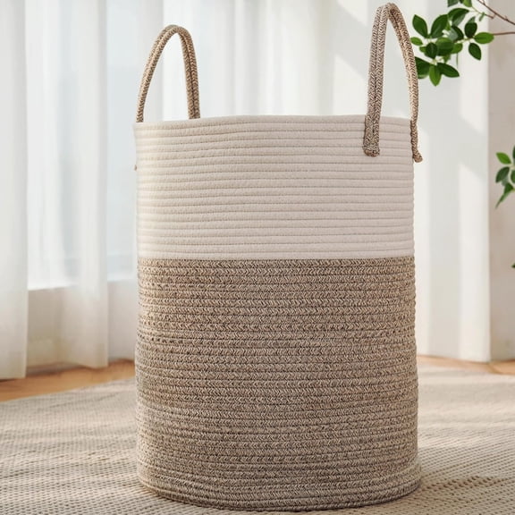Laundry Basket, Woven Cotton Rope Laundry Hamper, Decor Storage of Dirty Clothes, Toys and Blankets in Bathroom, Baby Room and Living Room