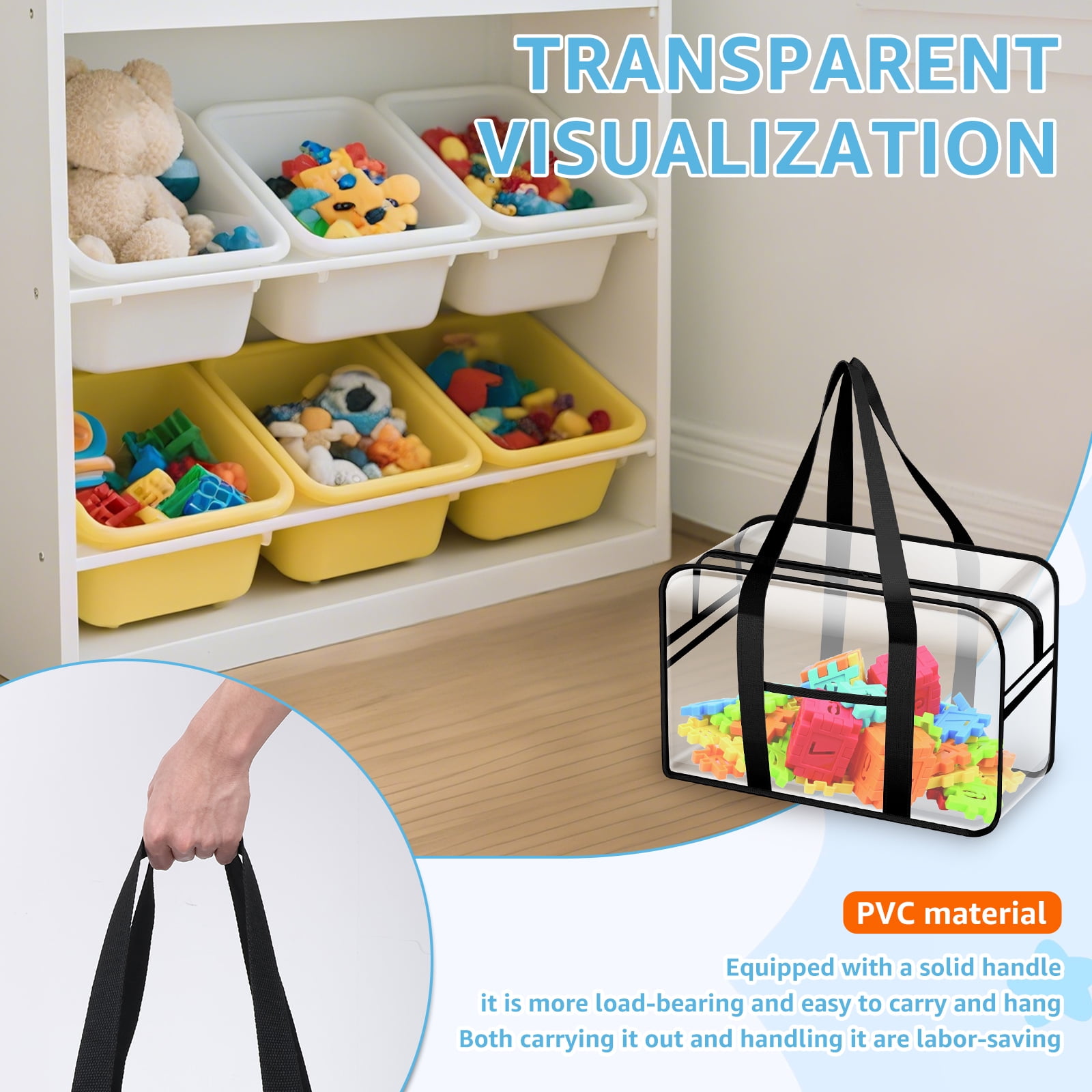 FKSZLL 2Pcs Toy Storage Bags PVC Clear Organizer Bags with Zipper and Handles for Building Block Puzzle Book Board Game Portable Cosmetic Bag for Home and Traveling