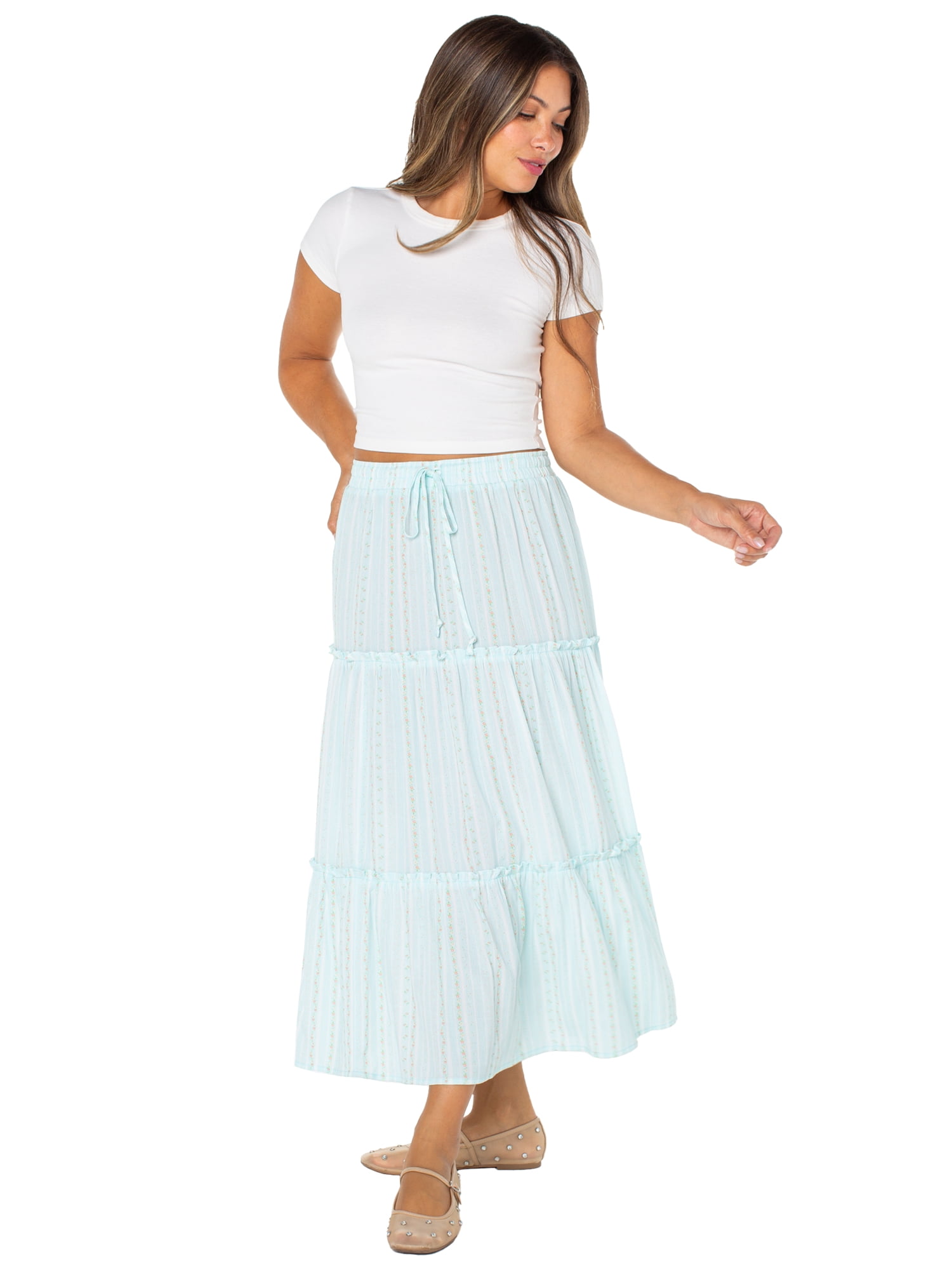 Celebrity Pink Women's and Women's Plus Floral Print Tiered Maxi Skirt, Sizes XS-4X