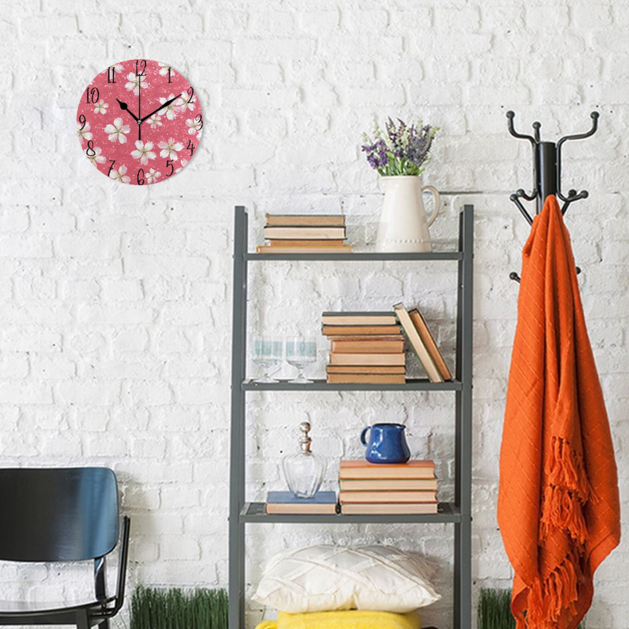 10" Quartz Indoor Wall Clock Silent Mechanism - Delicate Pink Cherry Pattern