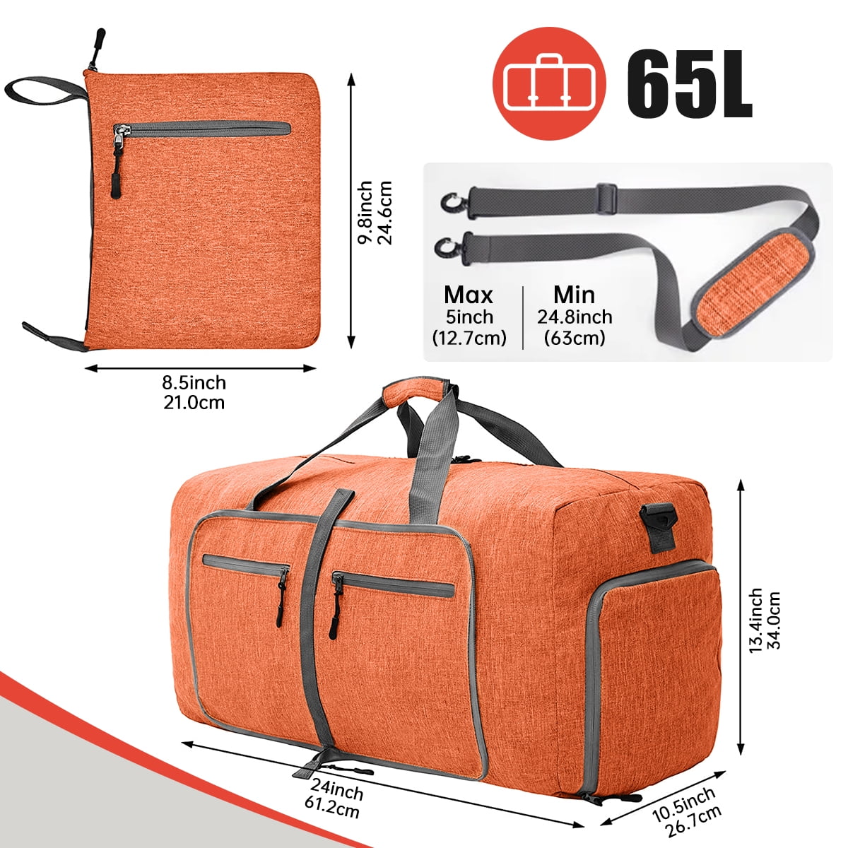 65L Large Foldable Travel Duffle Bag, Overnight Bags with Shoes Compartment, Packable Water Repellent Duffel Bag for Camping, Lightweight Gym Weekender Bag(Orange)