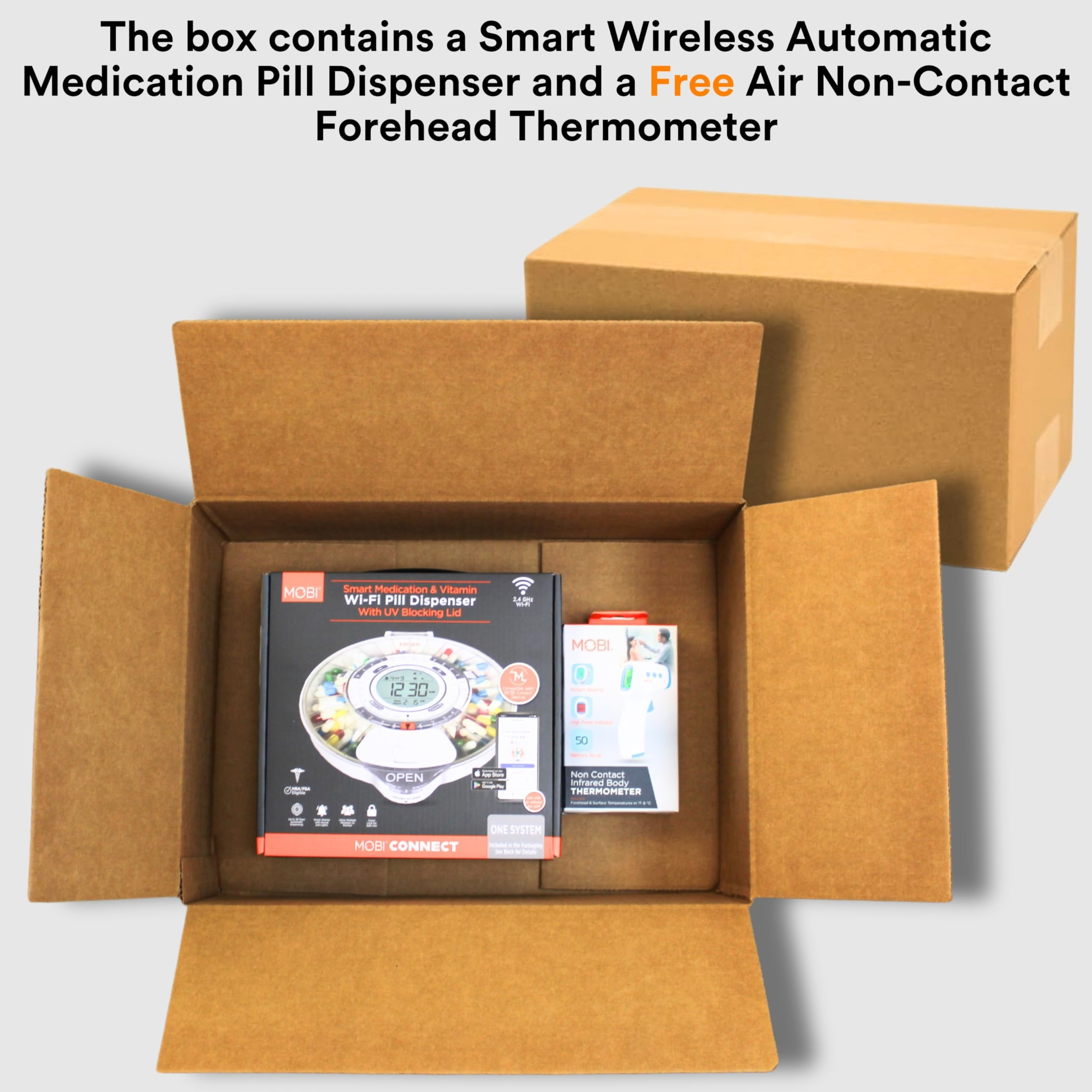 MOBI Smart Wi-Fi Pill 28 Day Pill Dispenser & Non-Contact Forehead Thermometer Bundle