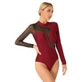 thumbnail image 3 of inhzoy Rhinestones Gymnastics Leotard for Women Mesh Splice Ballet Dance Bodysuit Figure Ice Skating Dance Costume Burgundy S, 3 of 8