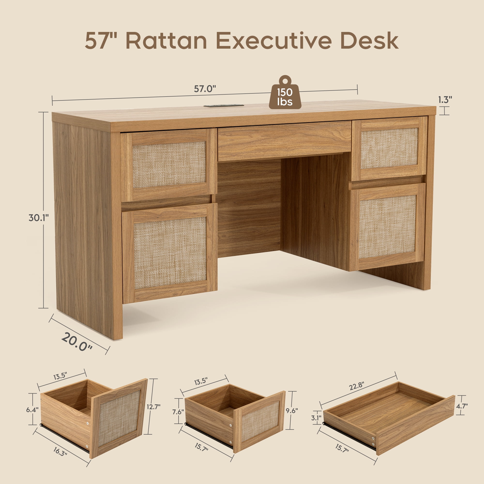 Brafab Home Office Desk with Charging Station, 5-Drawer Executive Desk with Rattan Front, Modern Farmhouse Computer Writing Desk, Built-in USB/Type-C Ports & Outlets