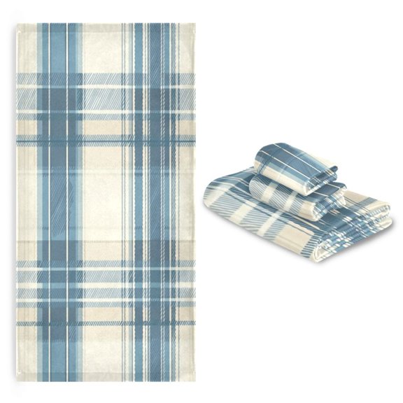 3 Pack Towel Set with Bath Towels, Hand Towels & Washcloths for Everyday Use Dusty Blue and Beige Check
