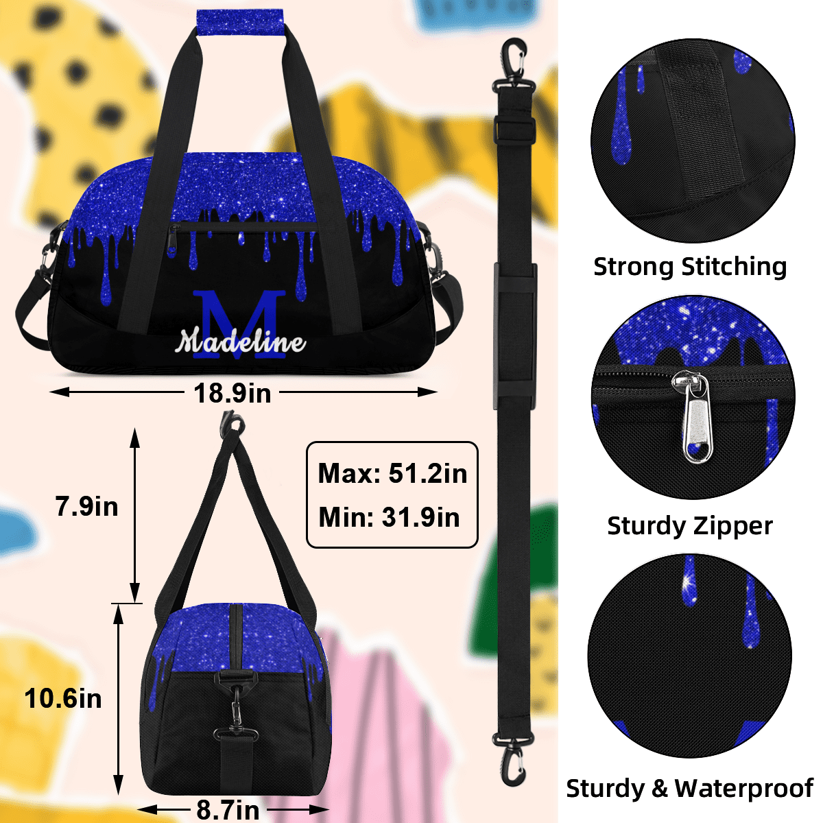 Herdesigns Personalized Sports Duffel Bag with Name Custom Weekender Overnight Bag Gym Bag Travel Dance Gymnastics Duffel Bag, Blue