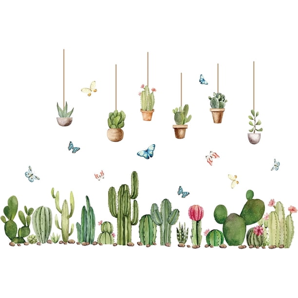 Pegatinas de pared de vinilo con diseño de cactus, planeta verde, mariposas, plantas en maceta, decoración DIY