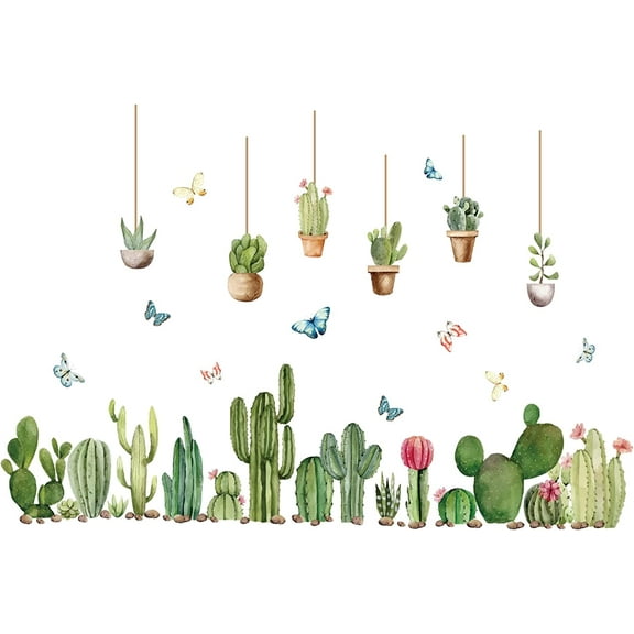 Cactus Vinyl Wall Stickers Green Planet Wall Decal Butterfly Wall Art Stickers Potted Plants DIY Decor