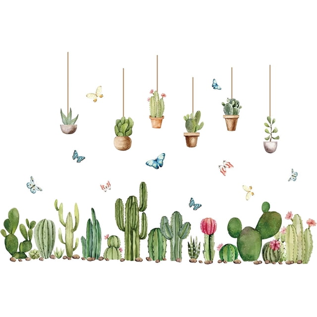 Pegatinas de pared de vinilo con diseño de cactus, planeta verde, mariposas, plantas en maceta, decoración DIY