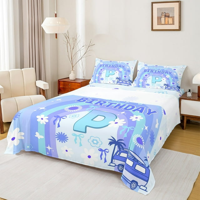 Erosebridal Personalized Letter P Twin Sheet Sets,Happy Birthday Bedding Twin Size,Blue Rianbow Bowknot Bed Sheets Set Twin Size For Girls,Ultra Soft Room Decor,3pcs