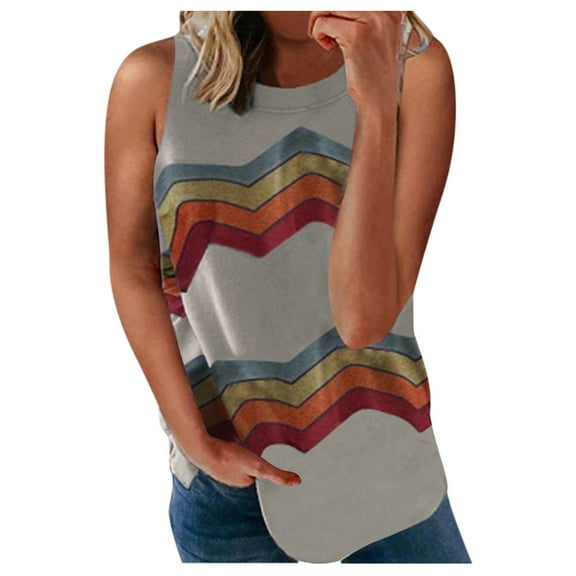 HAPIMO Women's Summer Tank Tops Casual Loose Fit Camis Vest O-Neck Blouse Colorblock Stripe Print Tops Trendy Comfy Camisole Sleeveless Shirts for Girls Sales Gray L