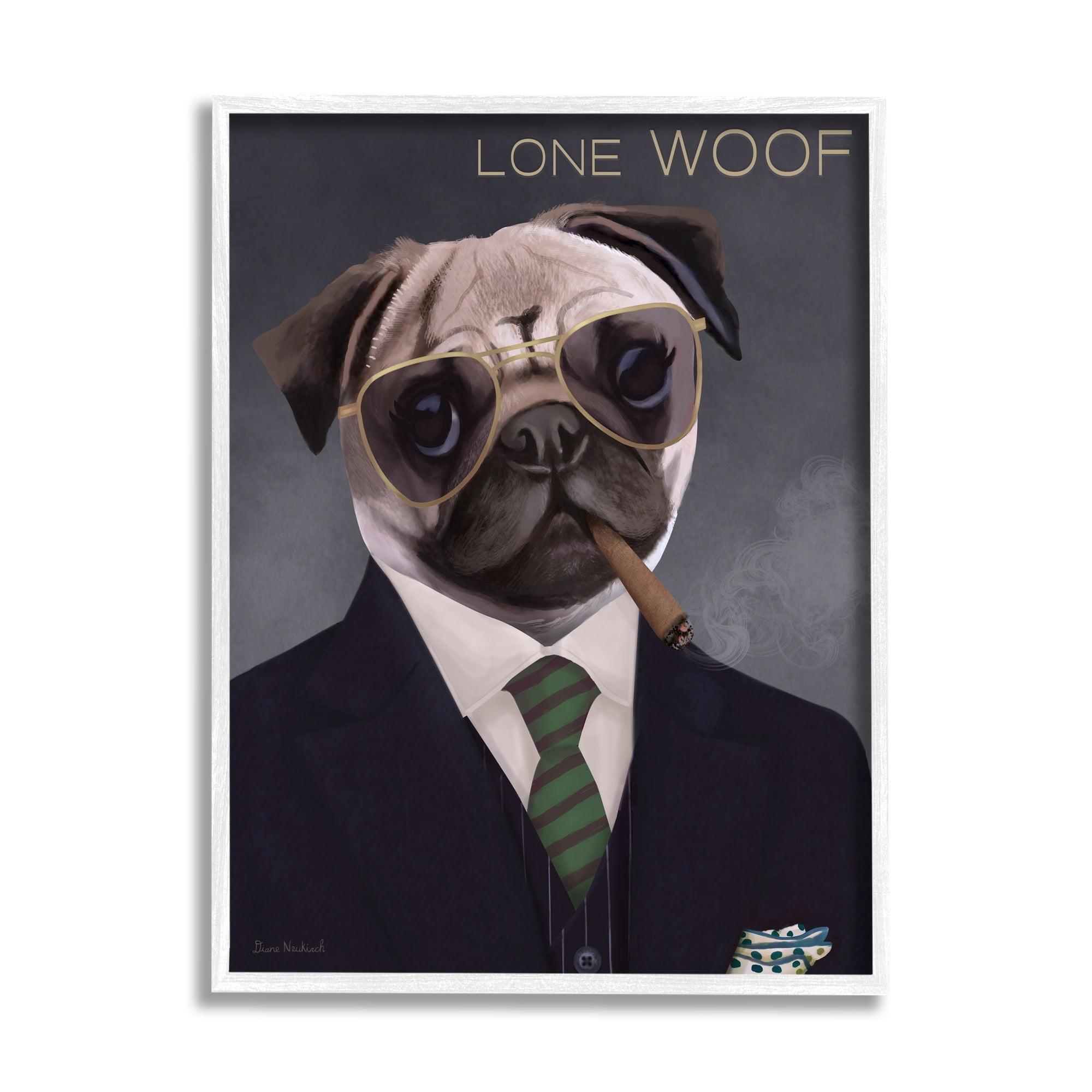 Stupell Industries Lone Woof Pug Dog Smoking Cigar Necktie Graphic Art White Framed Art Print Wall Art, Design by Diane Neukirch
