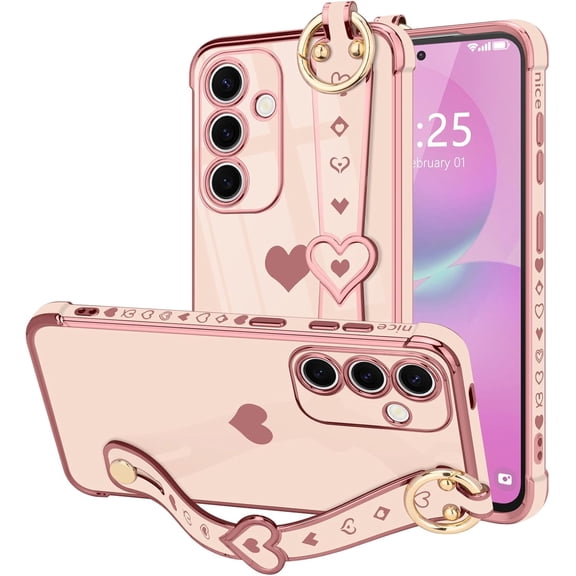 for Samsung Galaxy A36/A56 5G Case Cute Love-Heart Plating Strap Phone Cover for Women Girls Bling Silicone Camera Protection Bumper Shockproof Phone Case for Galaxy A36/A56 (6.7")