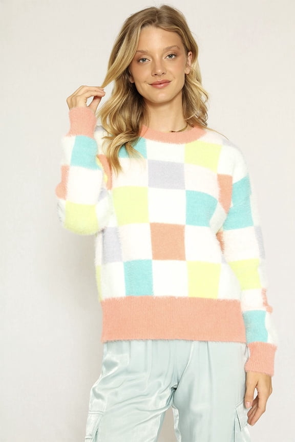 Fuzzy Multi Colored Checkered Sweater