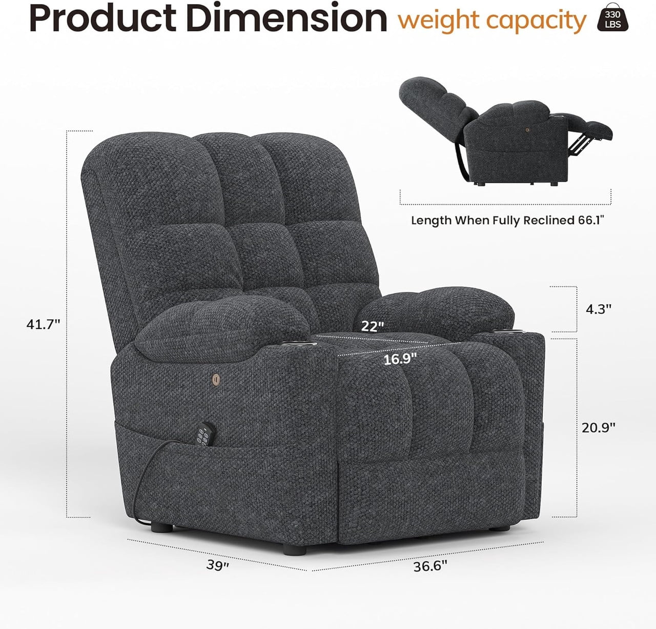 COLAMY Serene Dual Motors Power Lift Recliner Chair with Massage and Heat for Elderly People, Independent Adjustable Backrest Headrest, Extended Footrest，USB Charging Ports and Cup Holders, Dark Gray