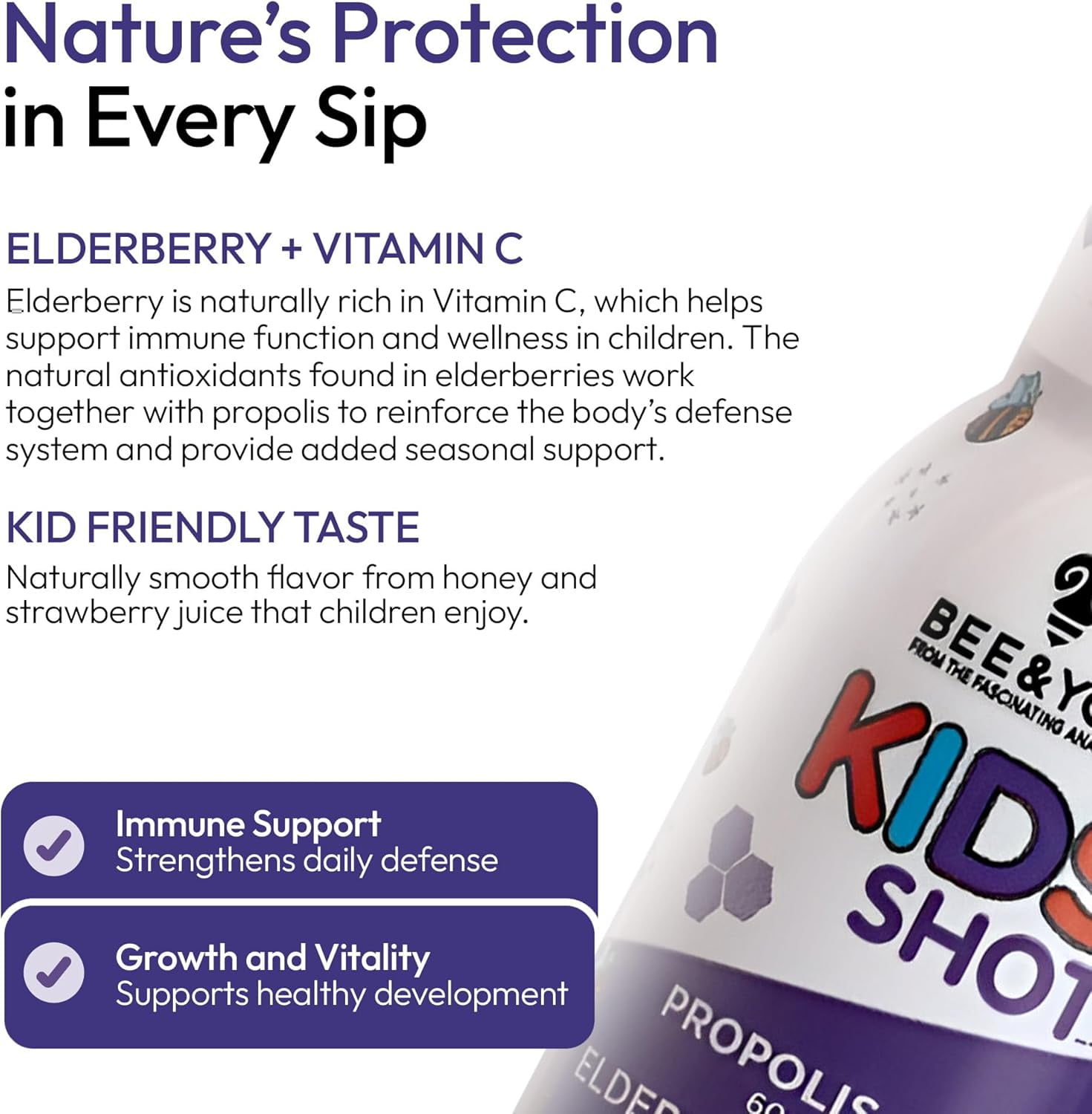 BEE&YOU Kids Propolis Shot with Vitamin C, Vitamin D3 & Zinc, Strawberry Flavor, No Added Sugar, Non-GMO Kids Daily Supplement, Ages 4+