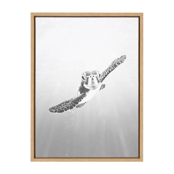 Kate and Laurel Sylvie Sea Turtle Framed Canvas Wall Art by Tai Prints, 18x24 Natural, Adorable Animal Art for Nursery