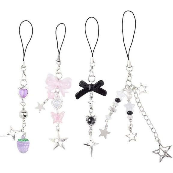 4Pcs Phone Charm Strap 148x17x8mm Acrylic Bowknot Alloy Star Pattern Stylish Pendant Decorations for Cell Phone Bag Card Book Ornaments