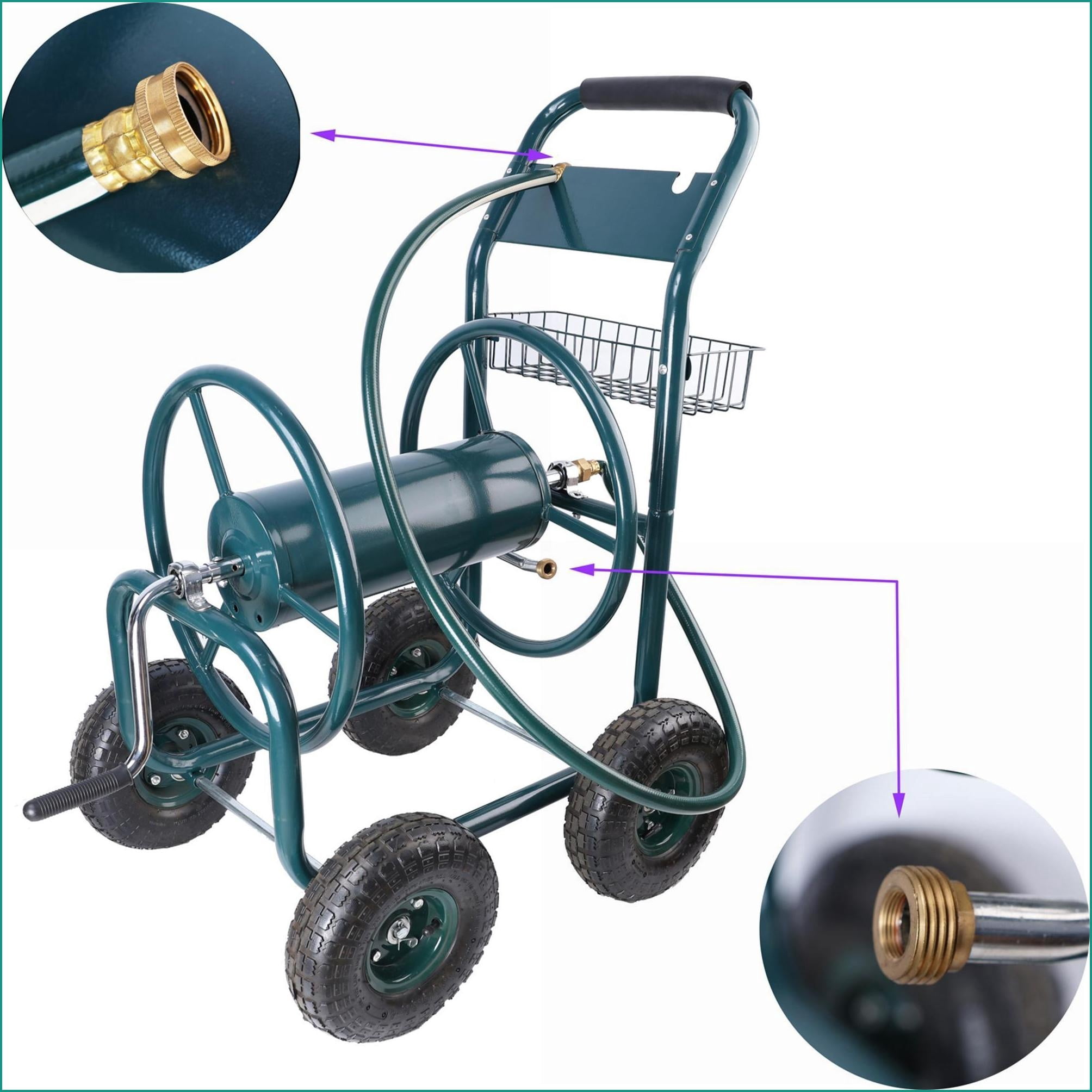 Garden Hose Reel Cart | 4-Wheel Portable Heavy Duty | For Garden Lawn Backyard | Sage Green | ABS+Rubber+Steel (Q235)