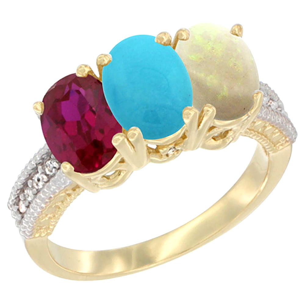 10K Yellow Gold Enhanced Ruby, Natural Turquoise & Opal Ring 3-Stone Oval 7x5 mm, sizes 5 10 by WorldJewels