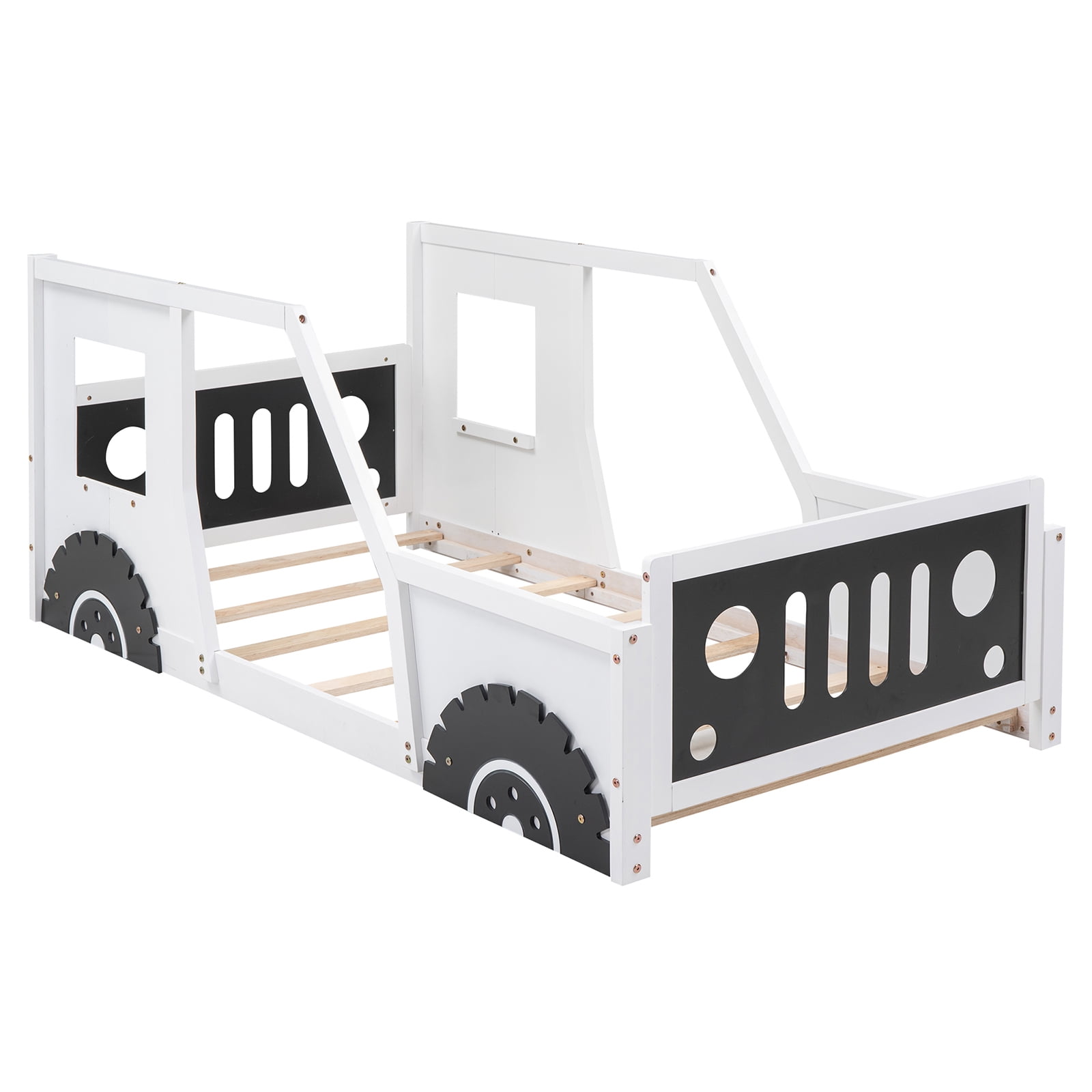 YANSHE Twin Size Bed Frame Car-Shaped, Floor Bed Frame With Wheels And Doors, Wooden Construction, Car Bed Frame, Slats Supports, No Box Spring Needed